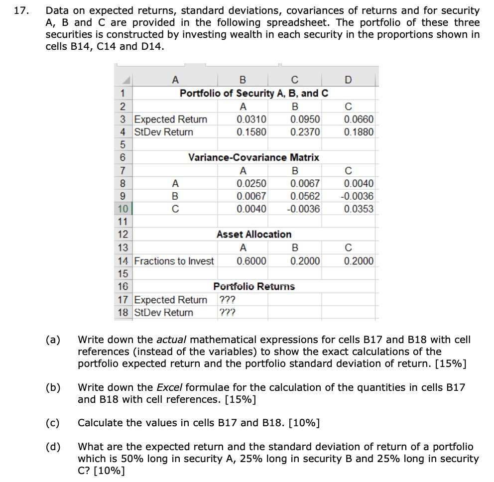 17. Data on expected returns, standard deviations, covariances of returns and