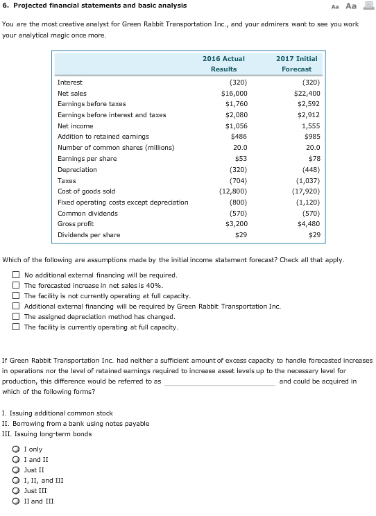 6. Projected financial statements and basic analysis You are the most