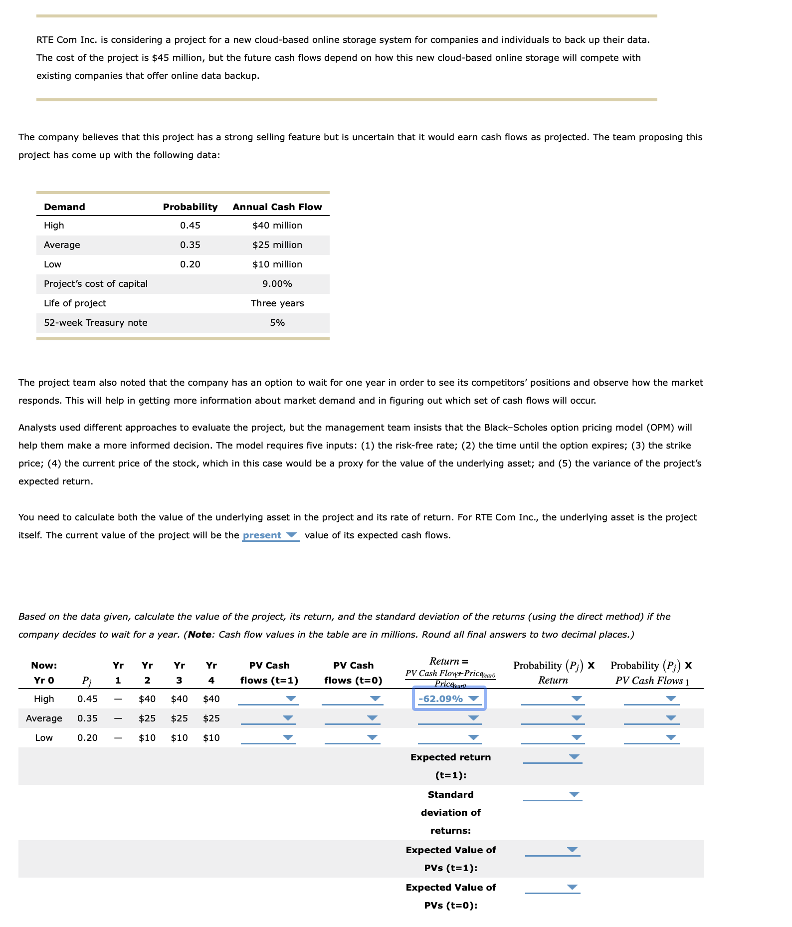  RTE Com Inc. is considering a project for a new cloud-based