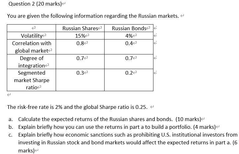 Question 2 (20 marks) You are given the following information regarding