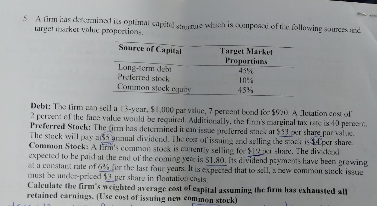 5. A firm has determined its optimal capital structure which is