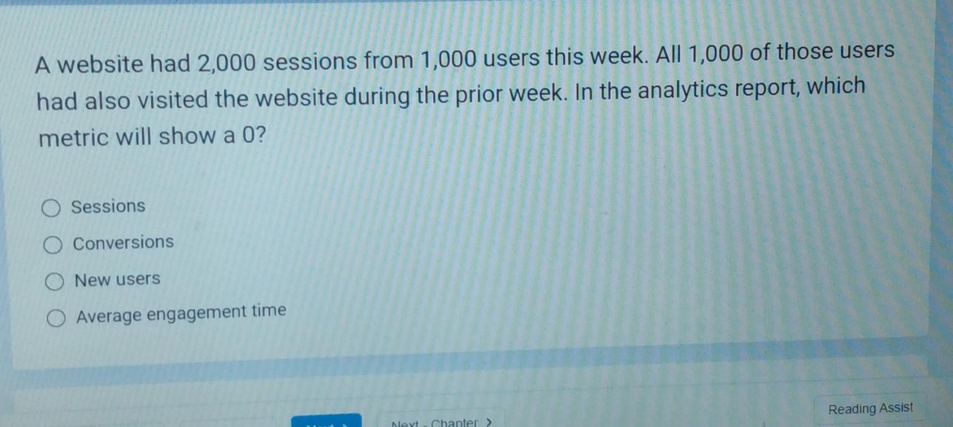 A website had 2,000 sessions from 1,000 users this week. All