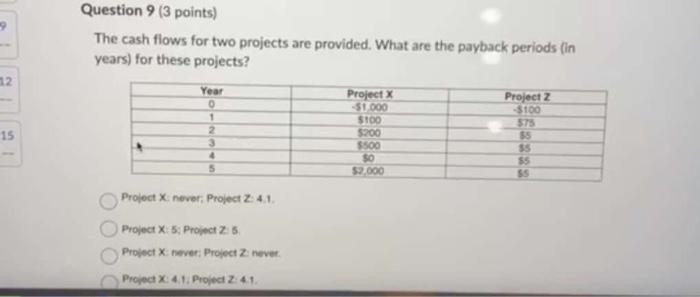  The cash flows for two projects are provided. What are the