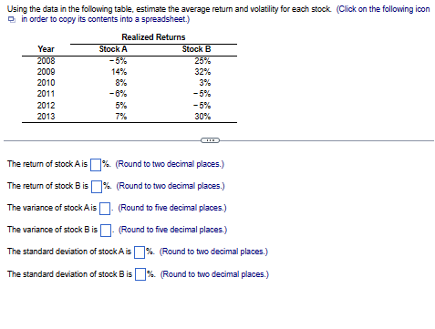 Using the data in the following table, estimate the average return