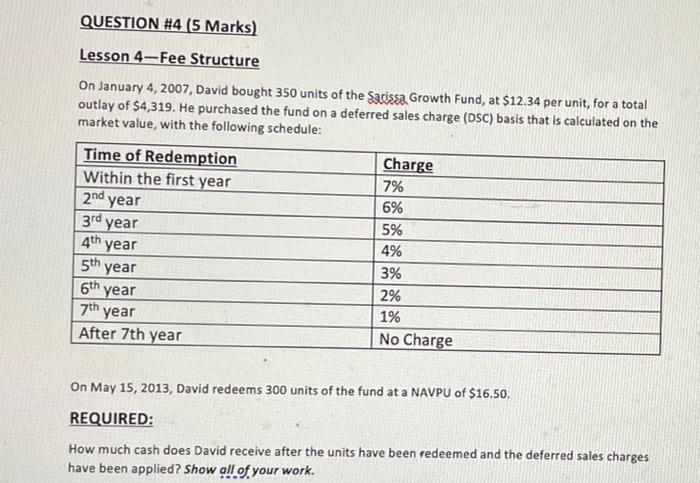 Fast please like for sure QUESTION #4 (5 Marks) Lesson 4-Fee Structure