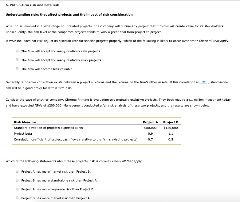 6. Within-firm risk and beta risk Understanding risks that affect projects