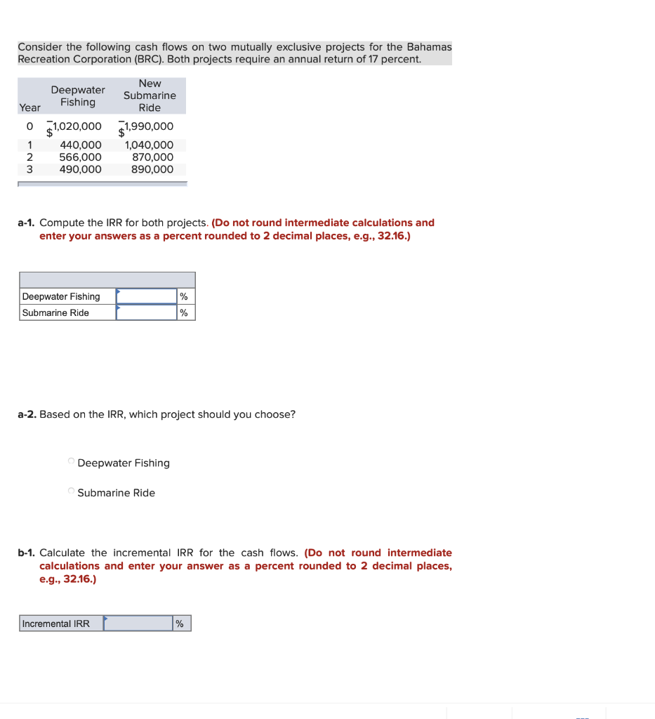 Consider the following cash flows on two mutually exclusive projects for
