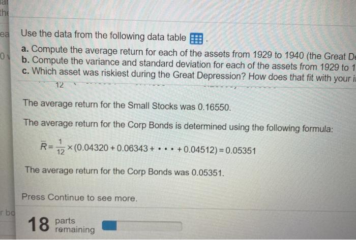 the data from the following data table a. Compute the average return