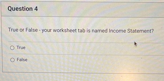  Question 4 True or False - your worksheet tab is named