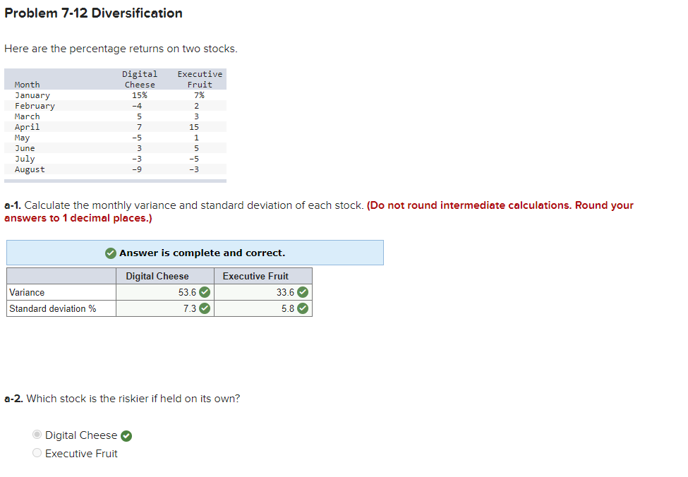  Problem 7-12 Diversification Here are the percentage returns on two stocks.