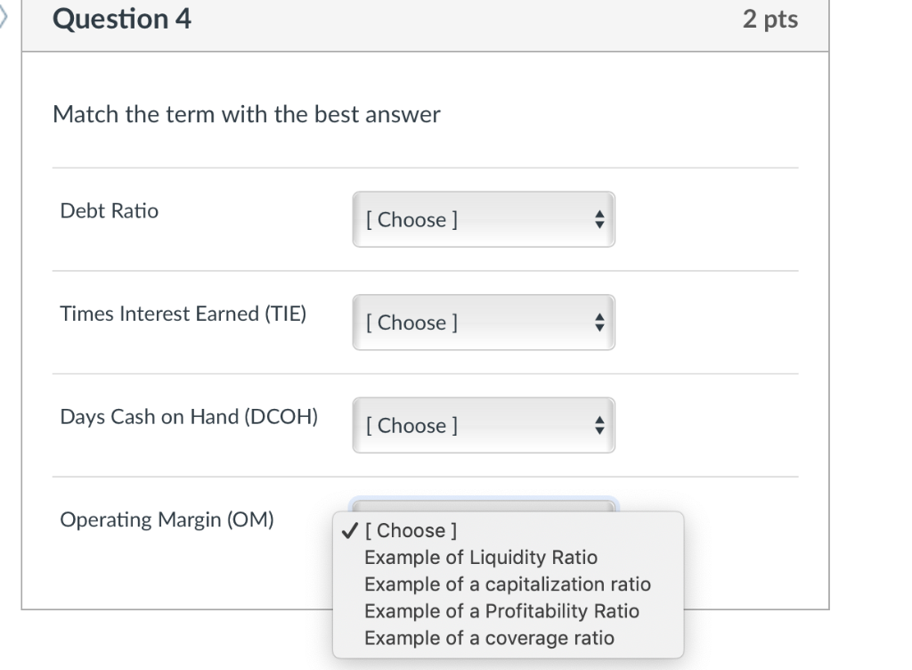 match ratio for all 4 Question 4 2 pts Match the