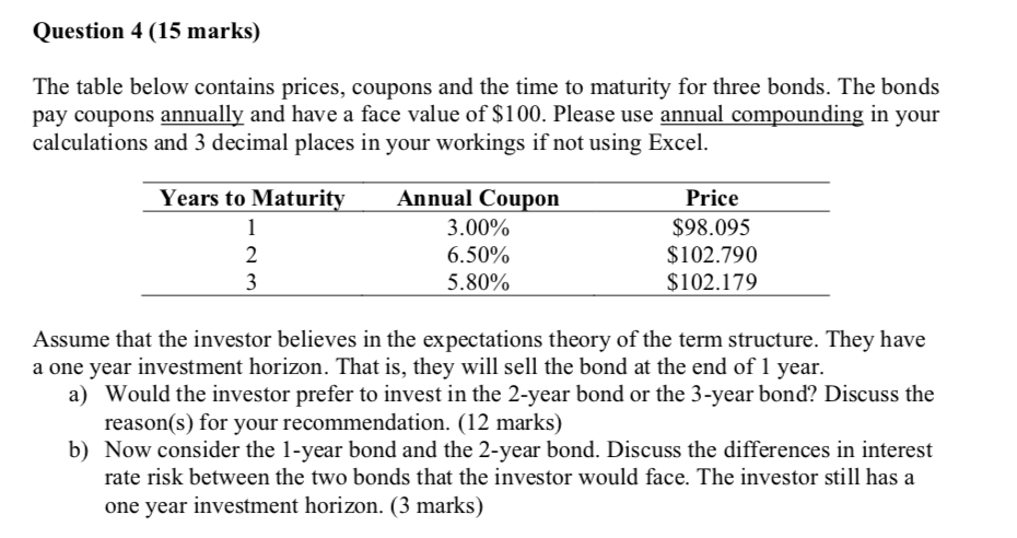Question 4 (15 marks) The table below contains prices, coupons and
