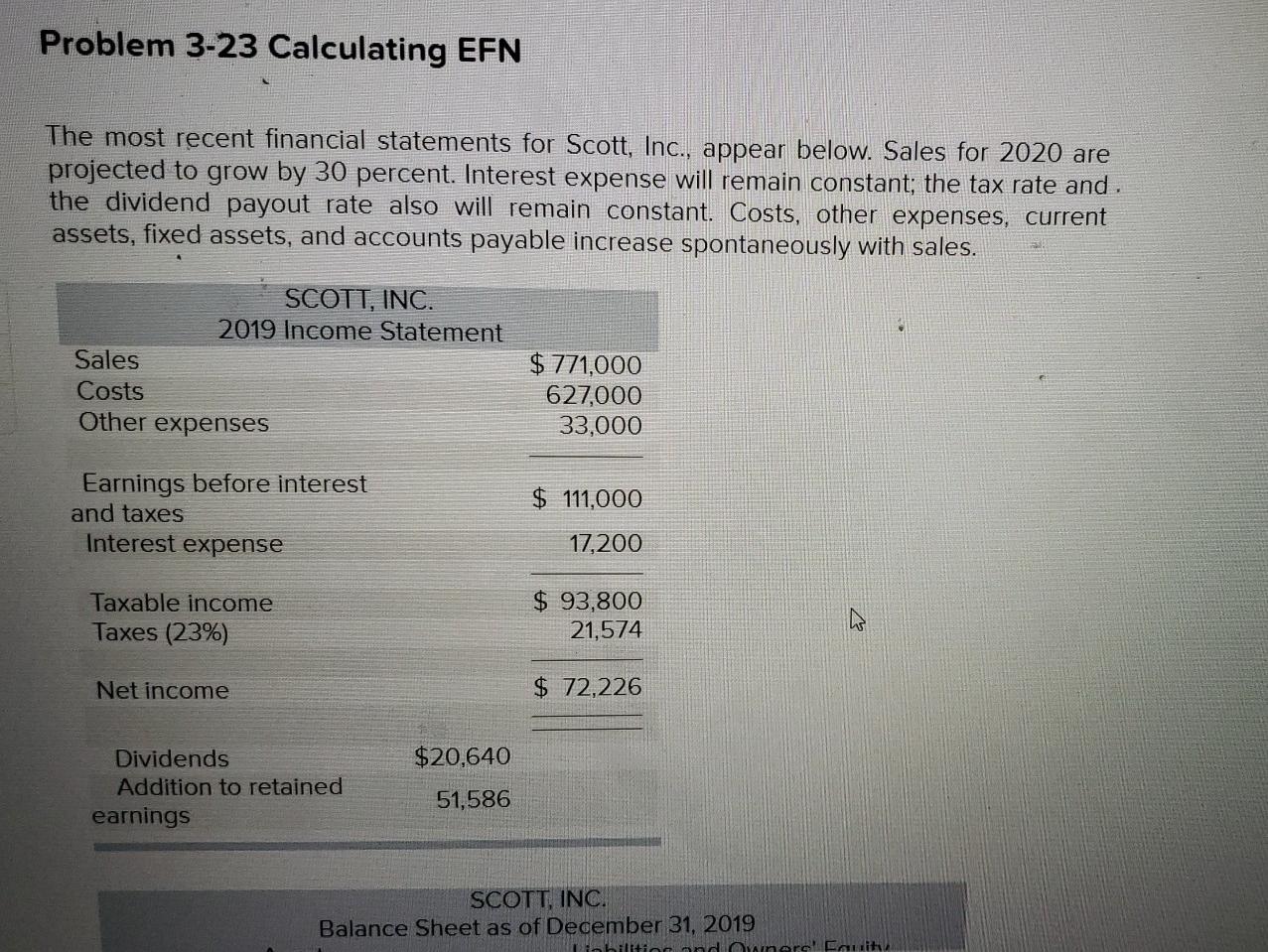  will rate! Problem 3-23 Calculating EFN The most recent financial statements
