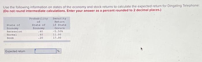 need help finding expected return Use the following information on states of