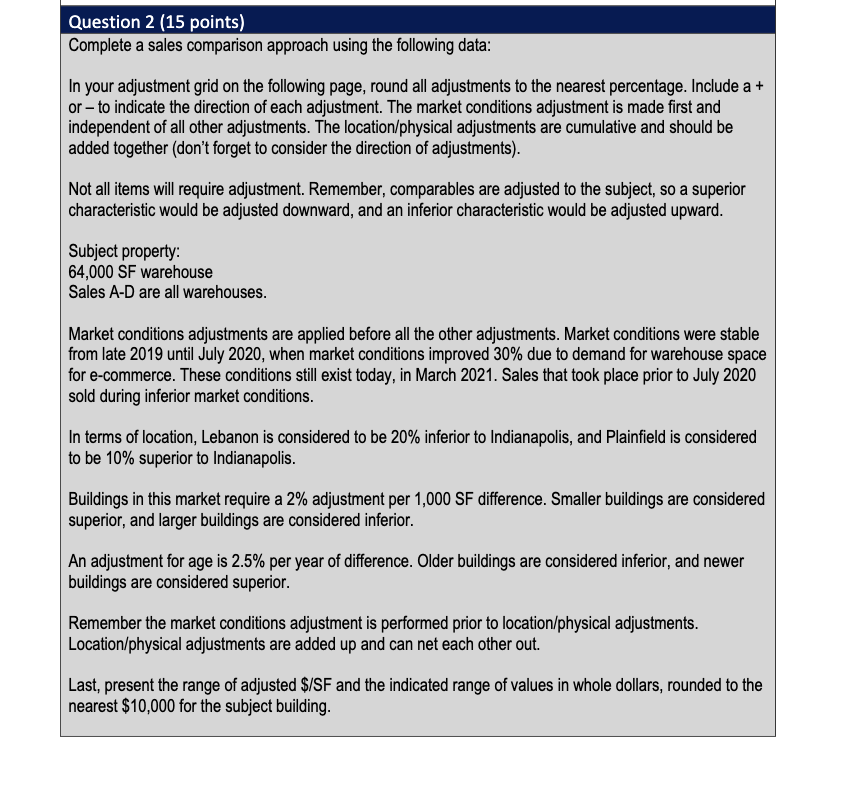 Question 2 (15 points) Complete a sales comparison approach using the