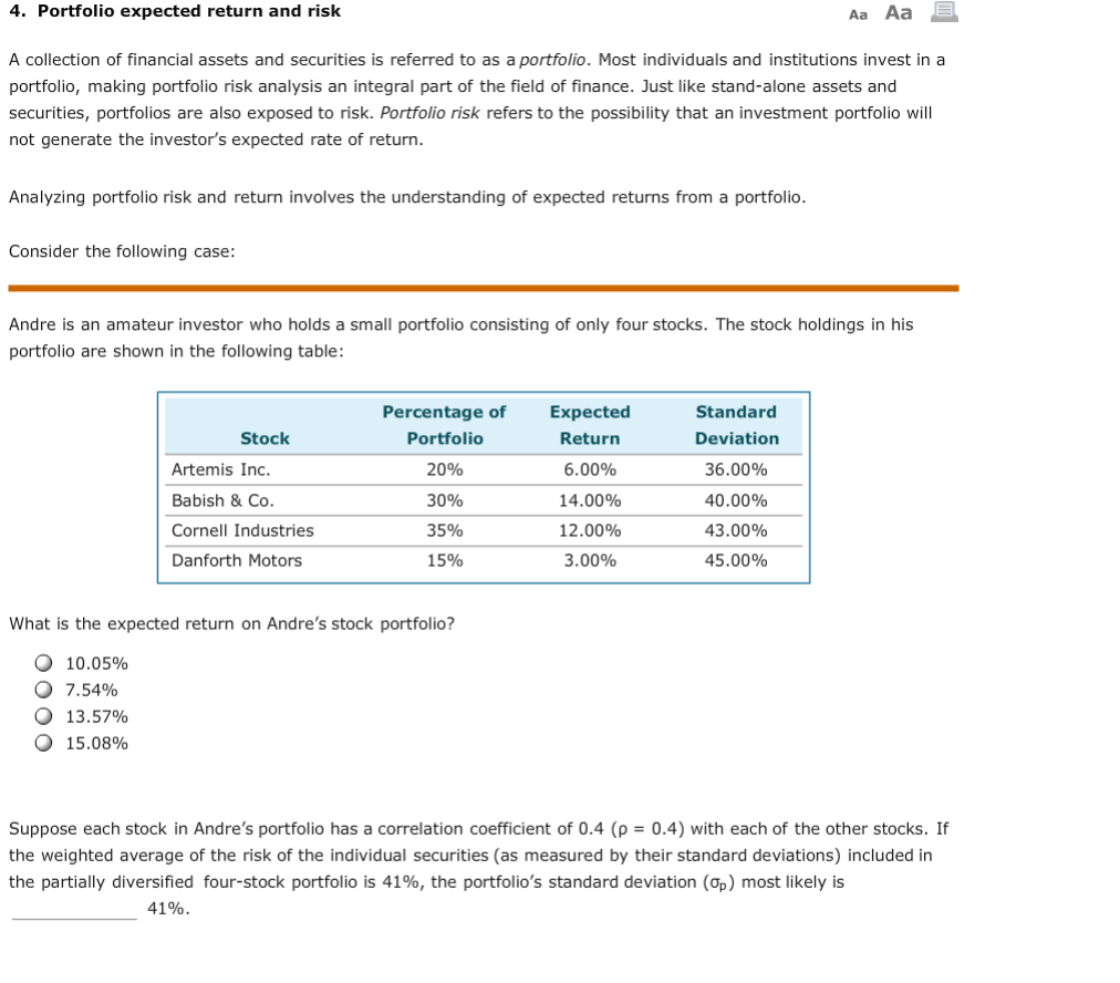  4. Portfolio expected return and risk Aa Aa A collection of