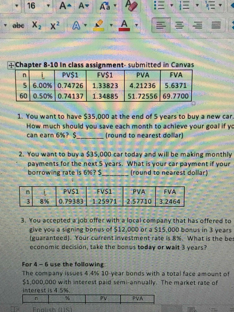 + chapter 8-10 In class assignment- submitted in Canvas PV$1 FVS1