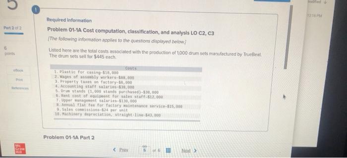  Part 22 Required information Problem 01-1A Cost computation classification, and analysis