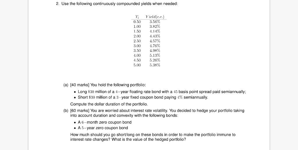  2. Use the following continuously compounded yields when needed: 0.50 1.00