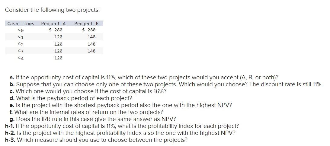Consider the following two projects: Cash flows Project A Project B C0