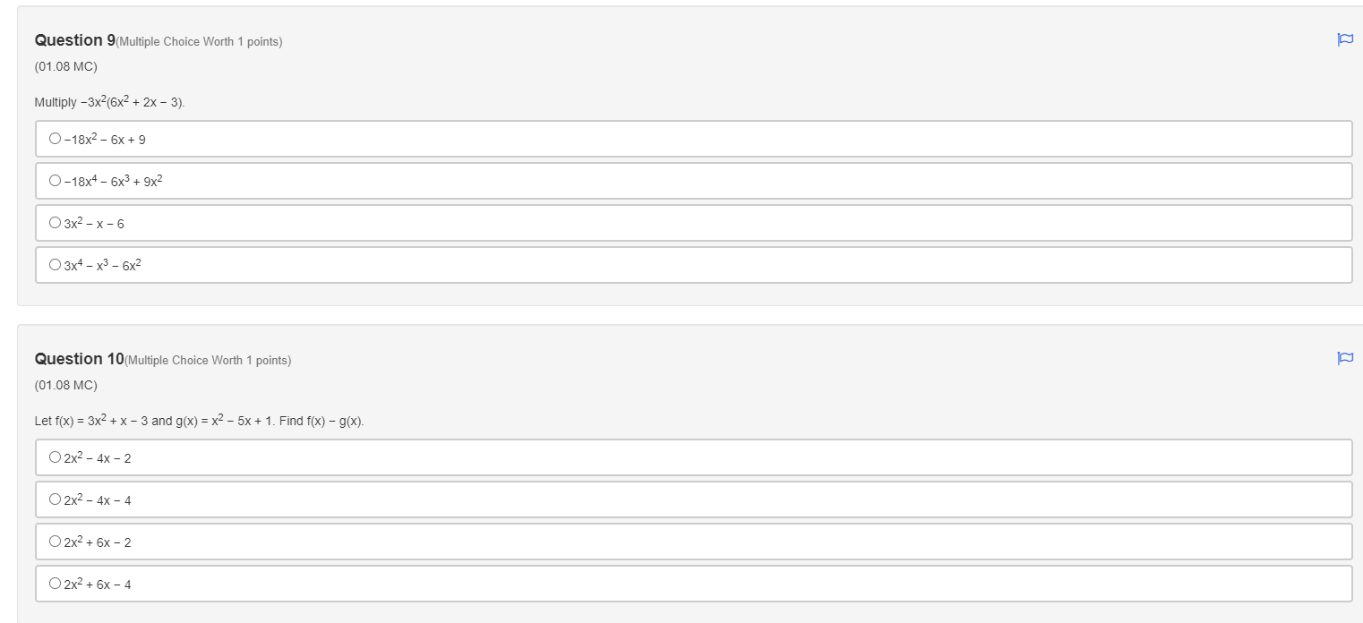 10 Question 2(Multiple Choice Worth 1 points) (01.08 MC) Let f(x) =