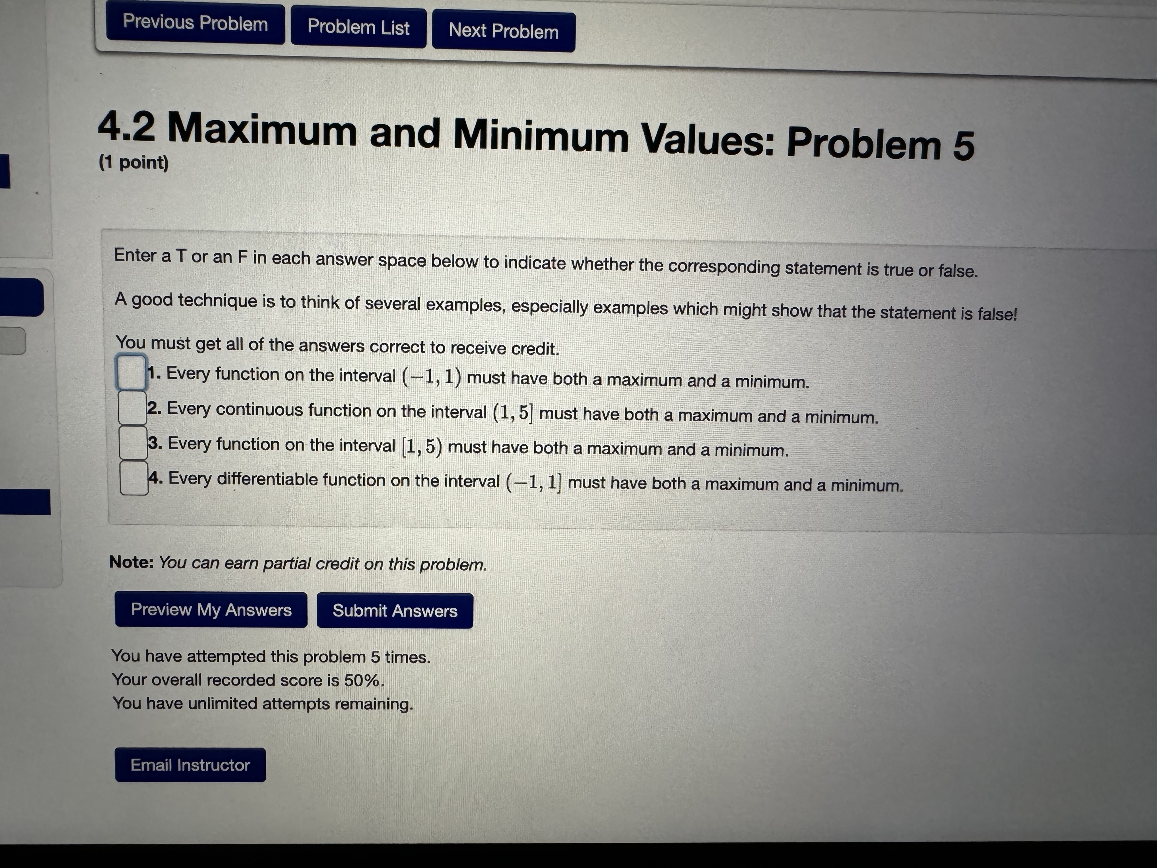  Previous Problem Problem List Next Problem 4.2 Maximum and Minimum Values: