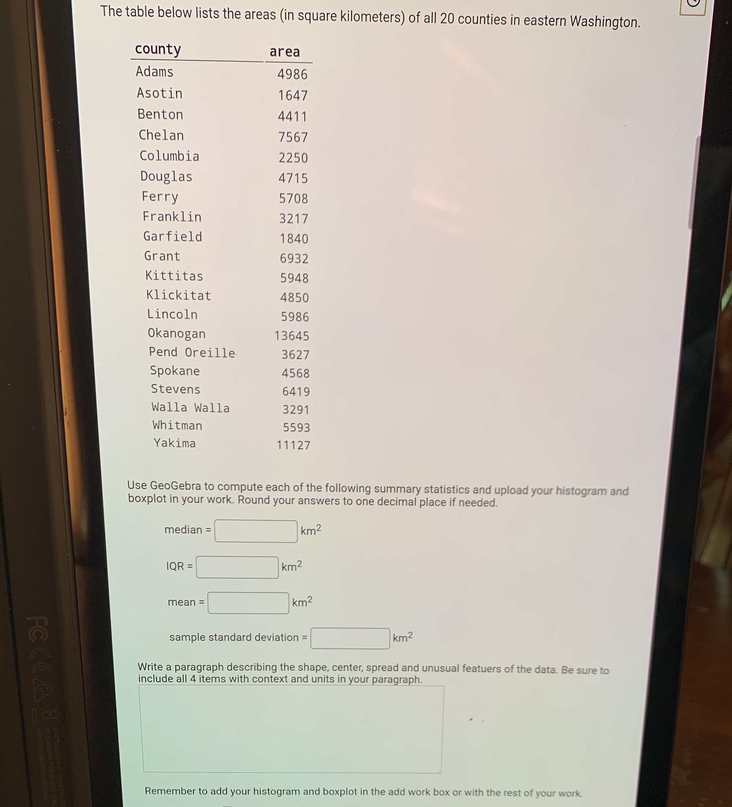 Please help me The table below lists the areas (in square kilometers)