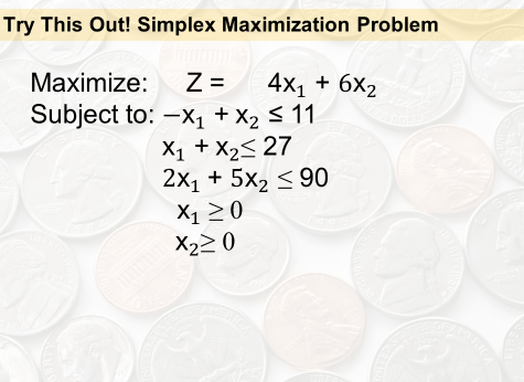  Try This Out! Simplex Maximization Problem Maximize: Z = 4x1 +