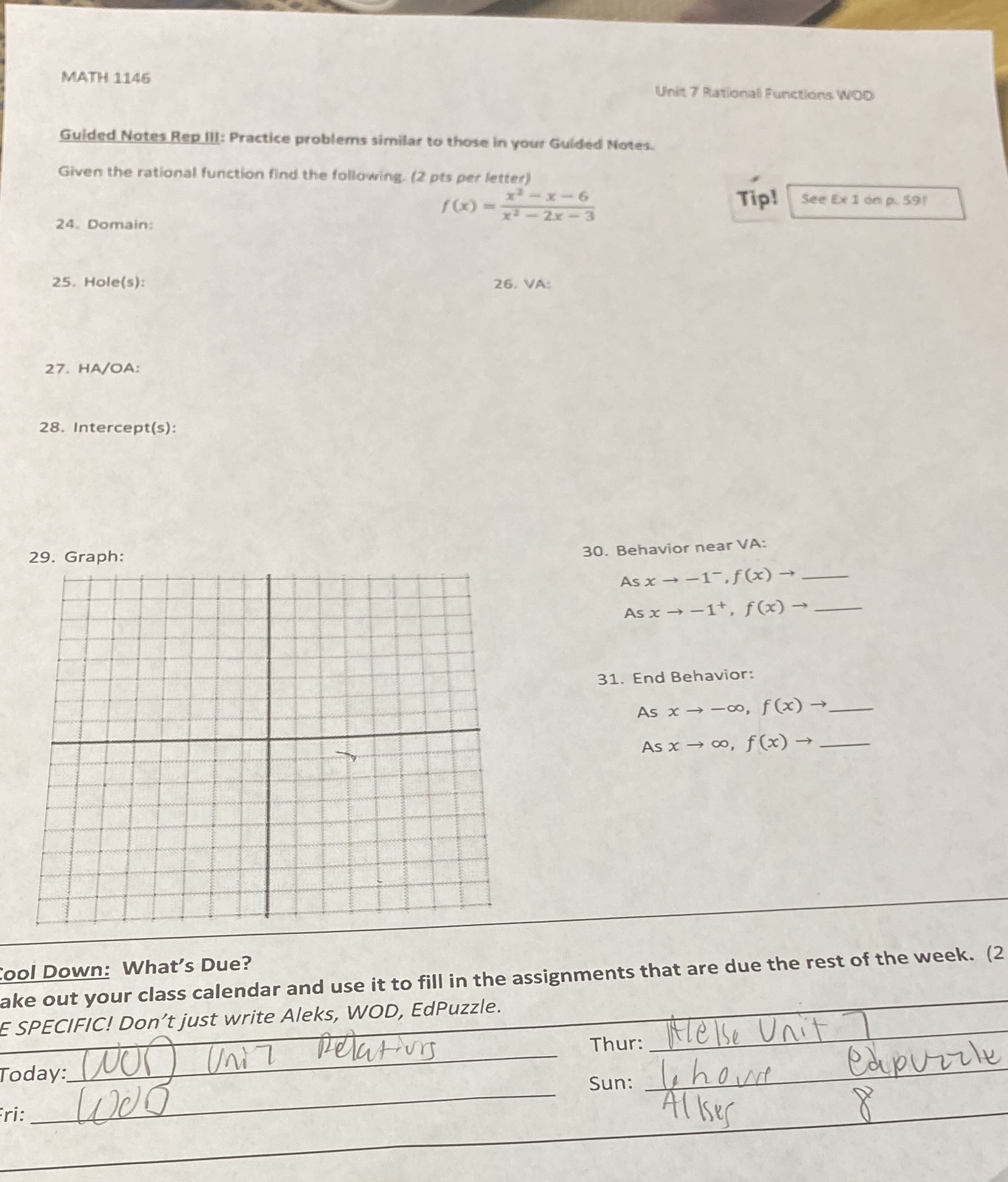 MATH 1146 Unit 7 Rational Functions WOD Guided Notes Rep Ill: