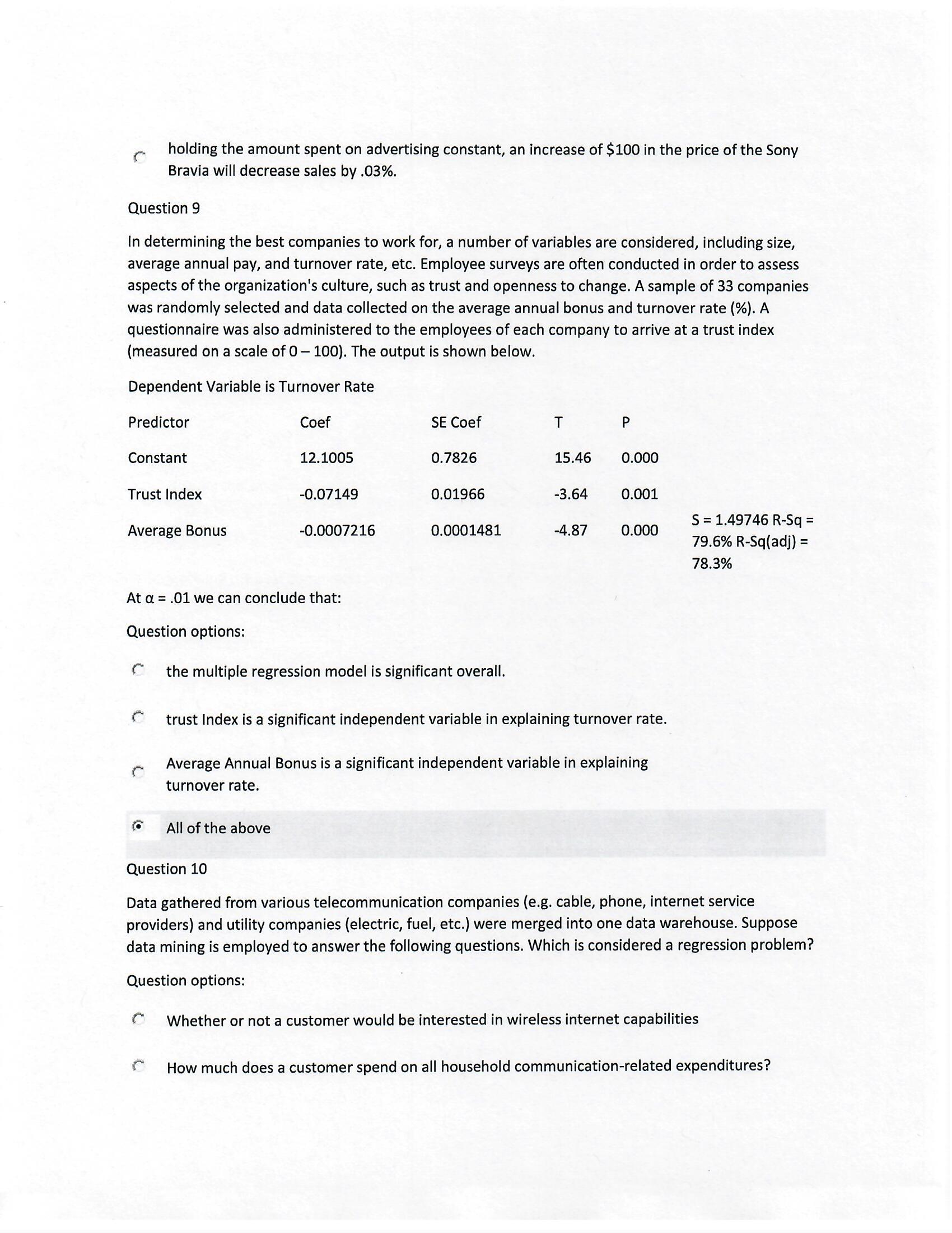 mining using this data warehouse was to predict whether a household's telecommunication