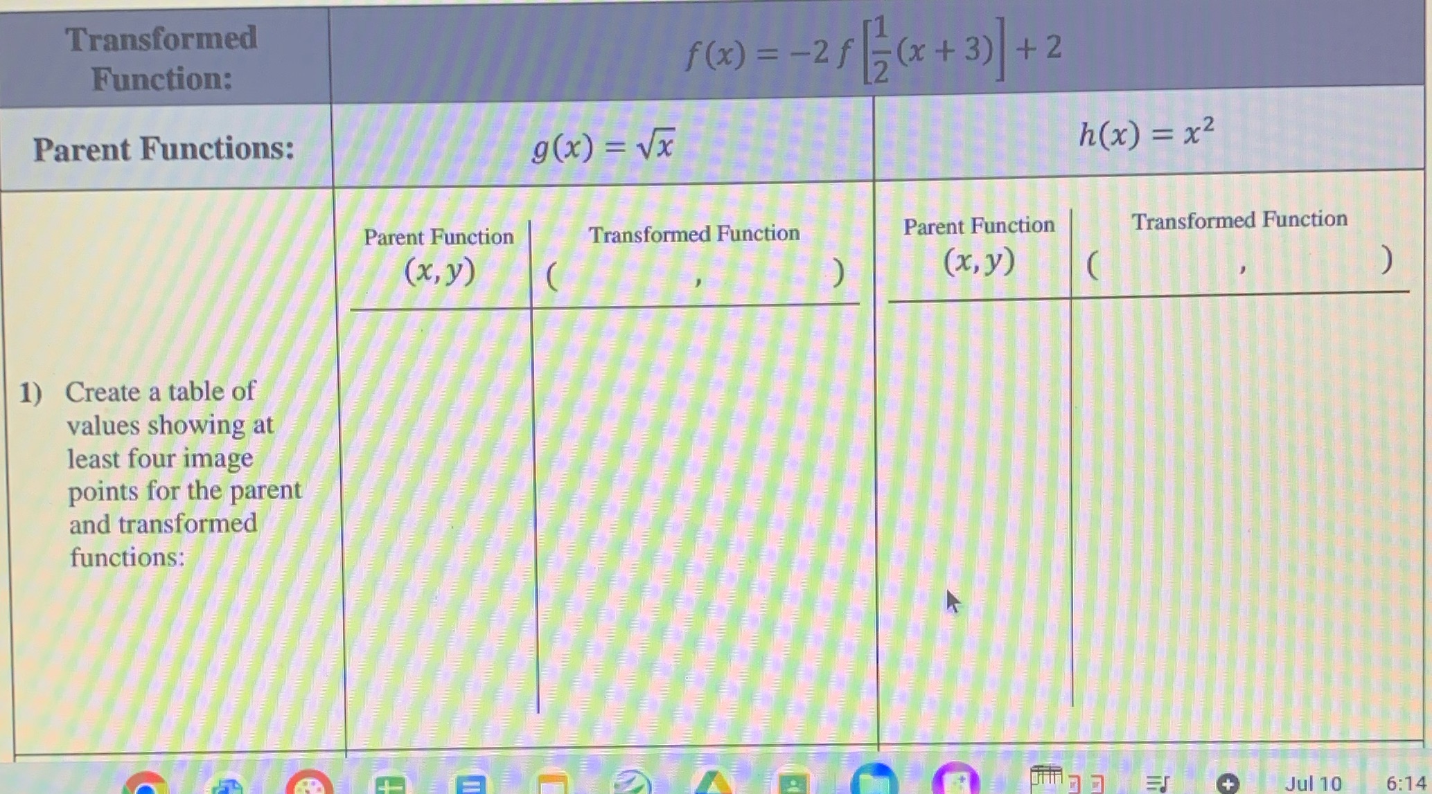 fill in table Transformed Function: f ( x ) = -21 =