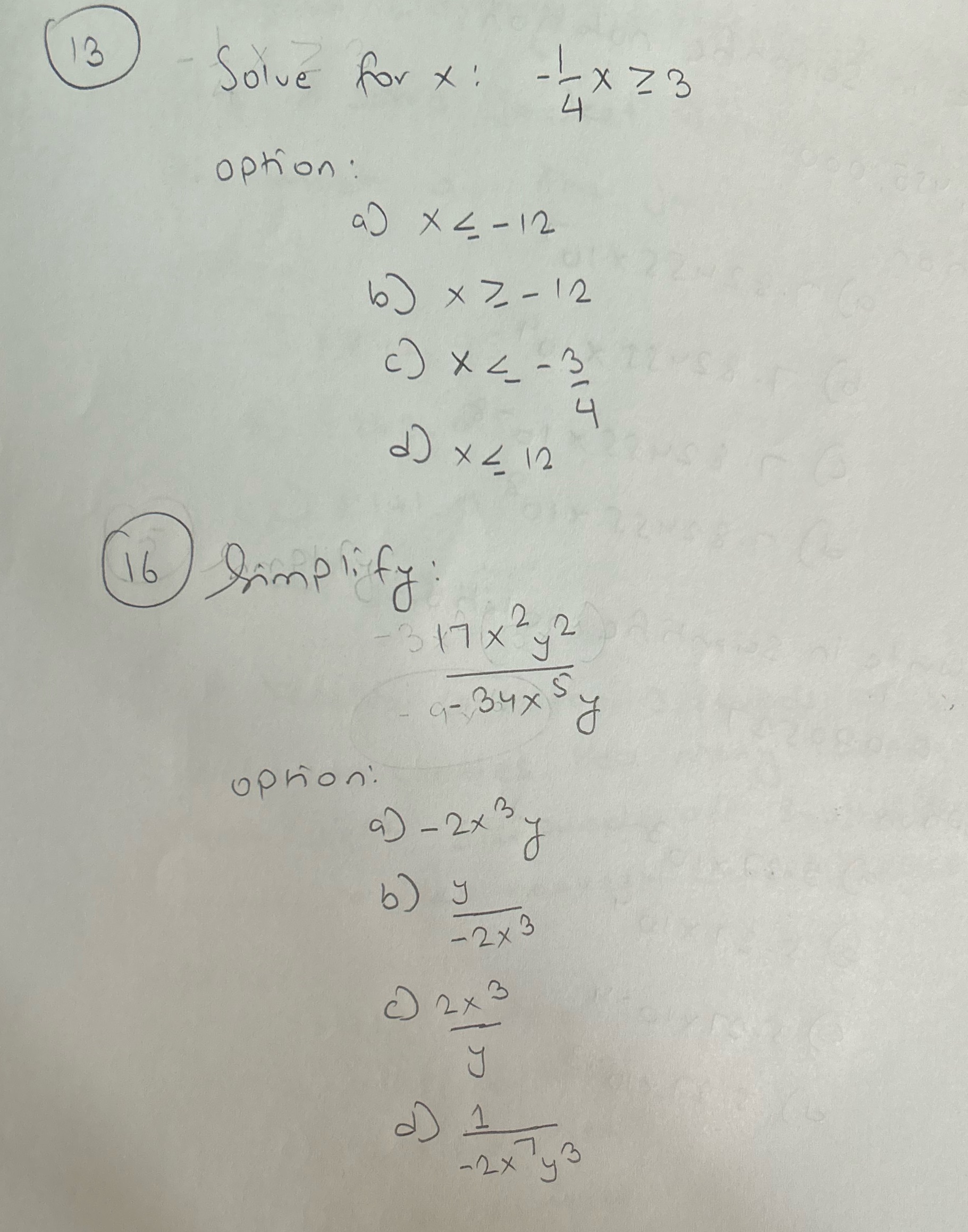 13 - Solve for x : - X Z3 4 option