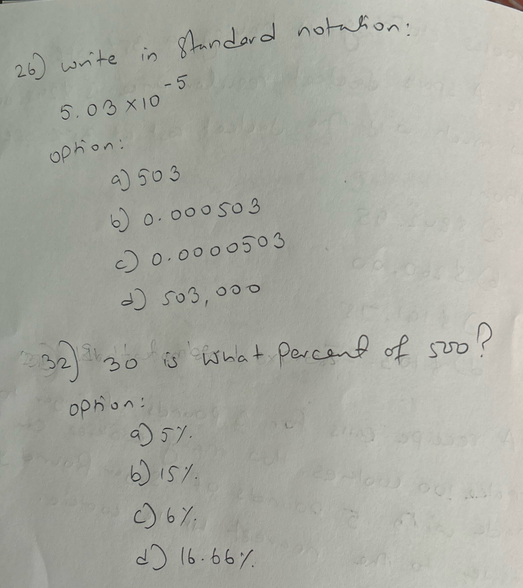 26) write in Standard notation 5.03 x 10 -5 option :