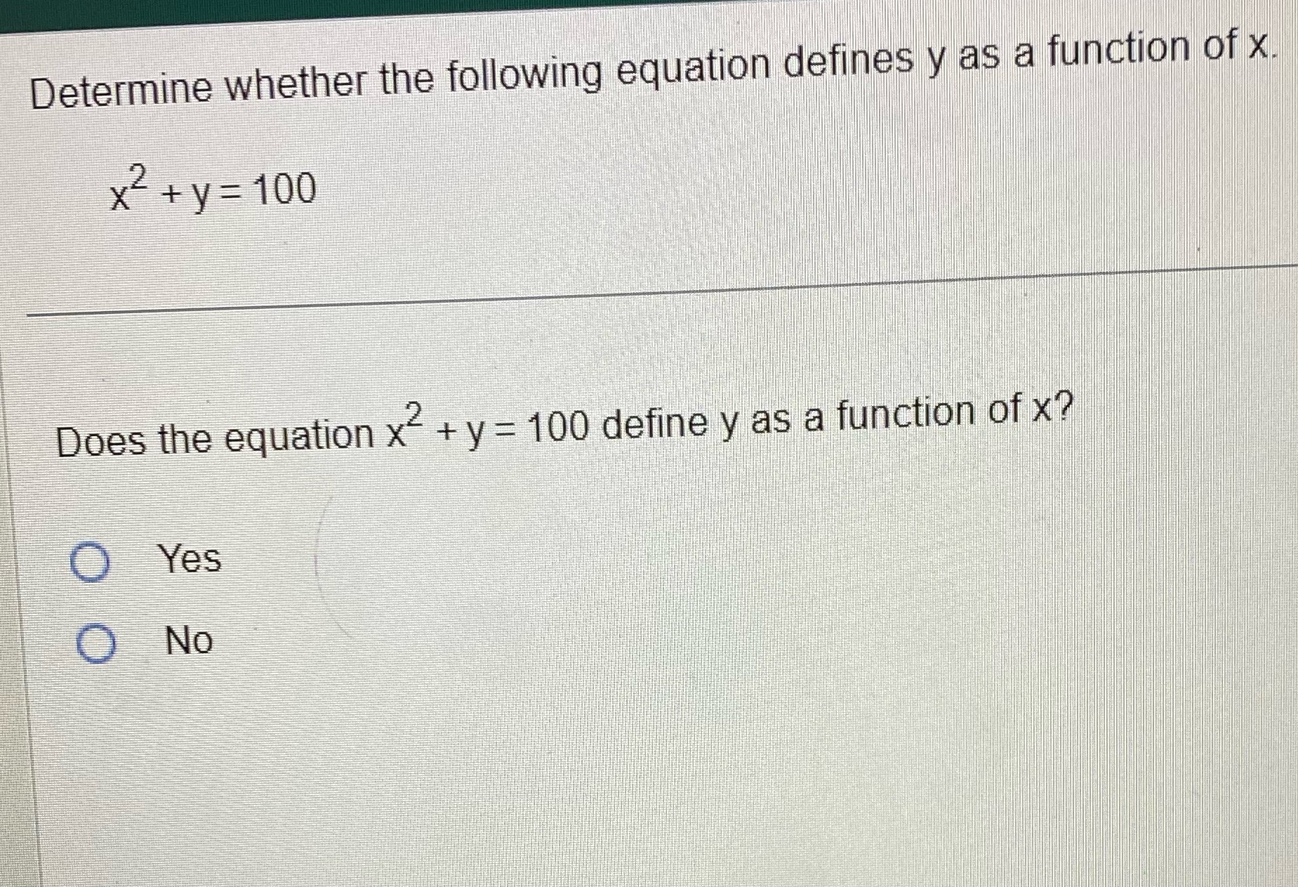  Determine whether the following equation defines y as a function of