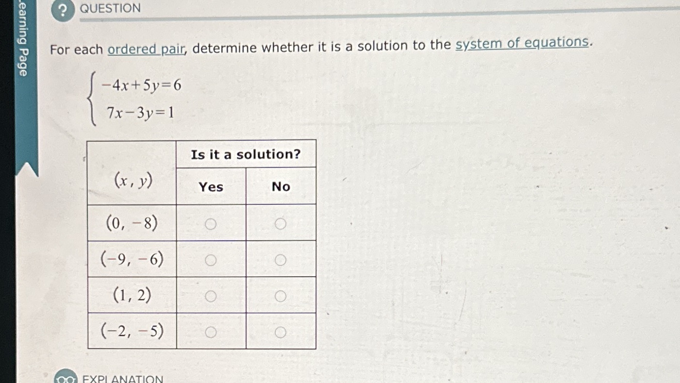  ? QUESTION earning Page For each ordered pair, determine whether it