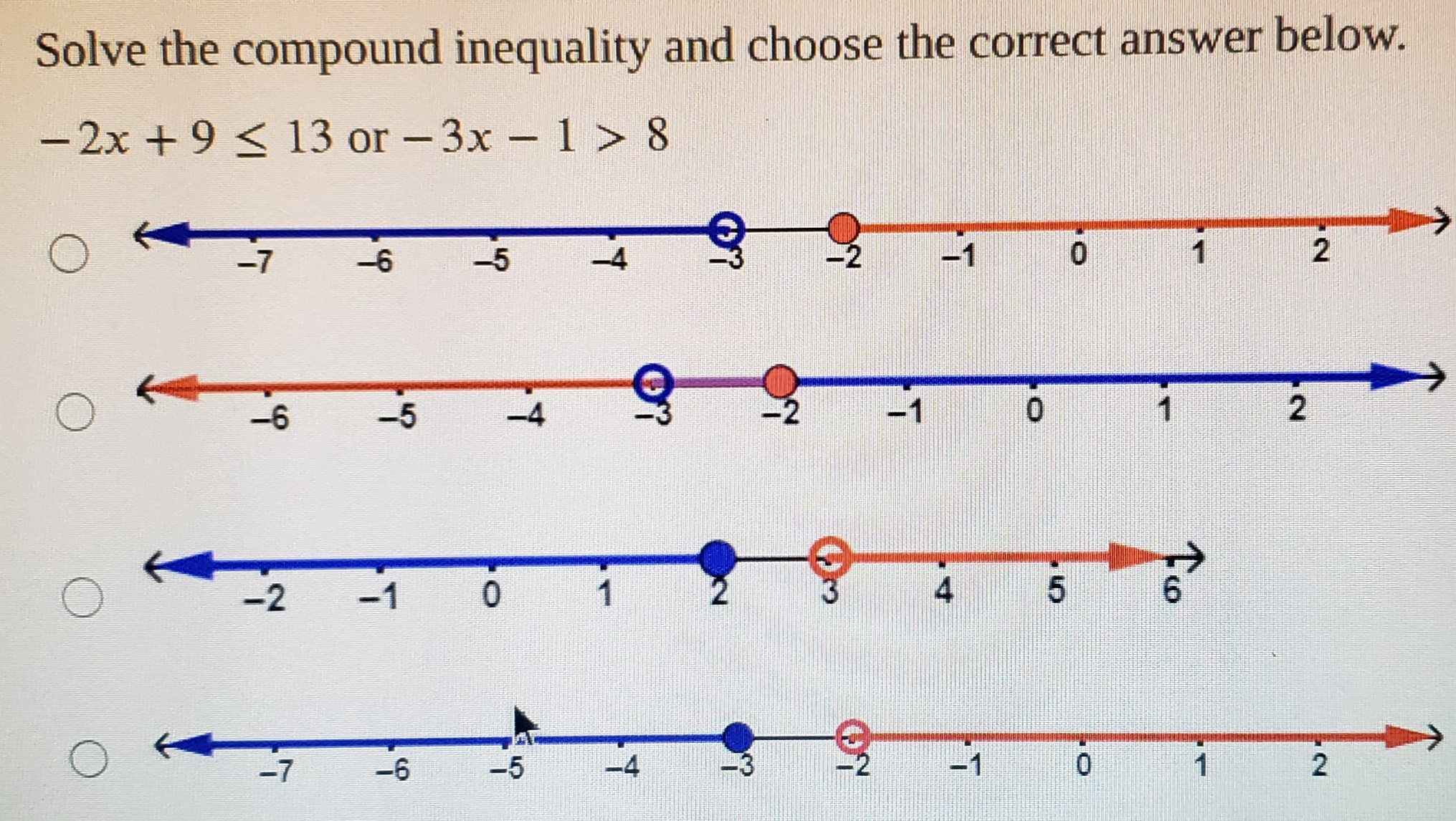 Solve the compound inequality and choose the correct answer below. -2x