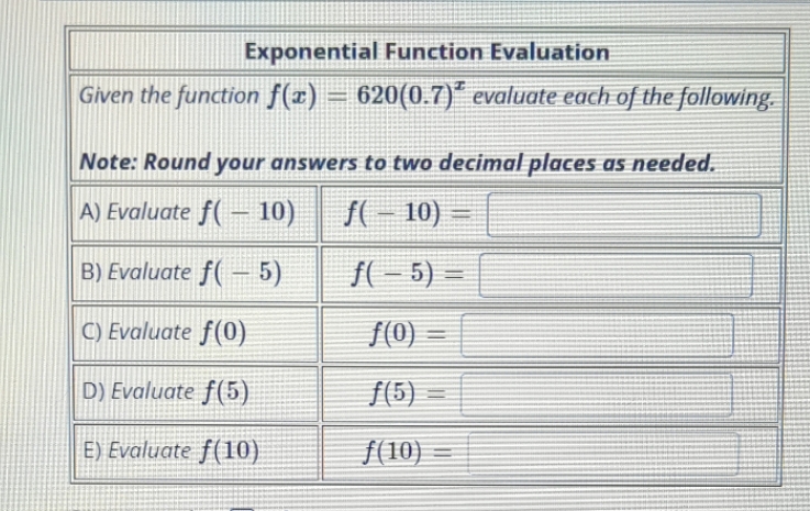 Exponential Function Evaluation Given the function f(x) - 620(0.7) evaluate each