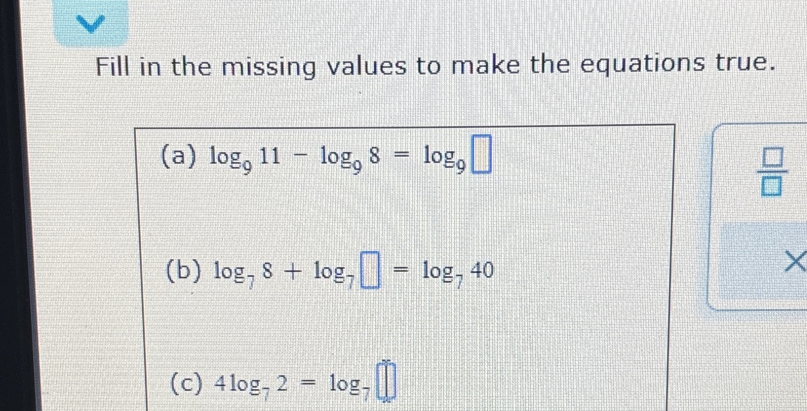 V Fill in the missing values to make the equations true.