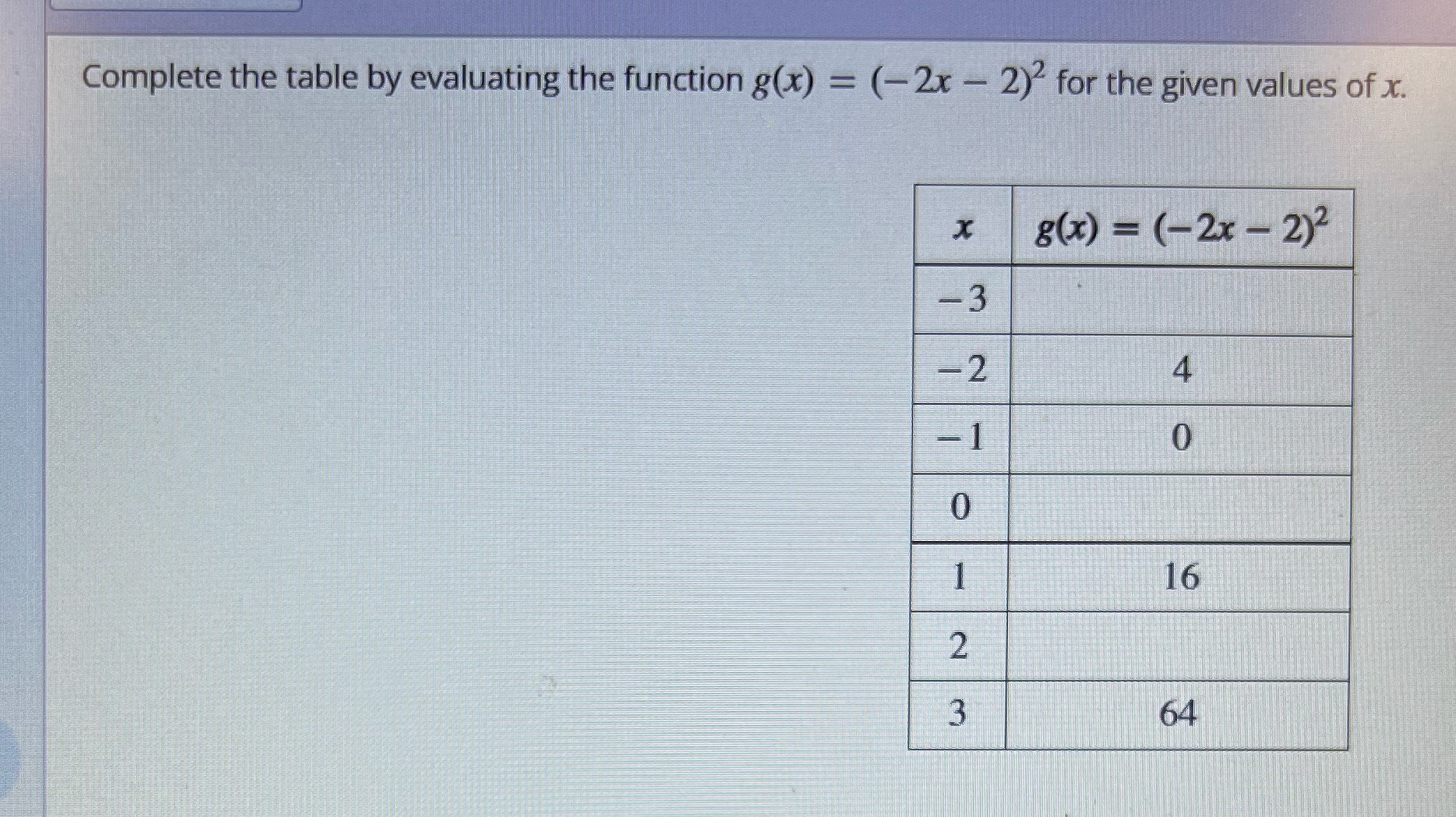  Complete the table by evaluating the function g(x) = (-2x -