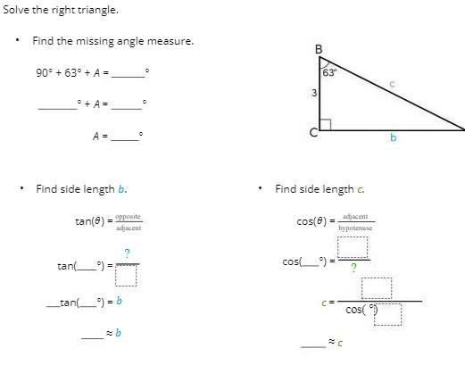  Solve the right triangle. . Find the missing angle measure. B