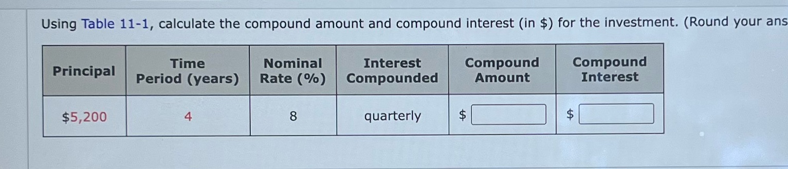  Using Table 11-1, calculate the compound amount and compound interest (in