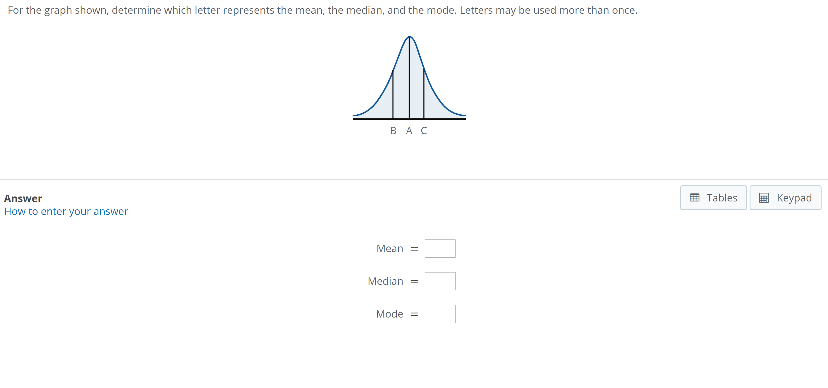 For the graph shown, determine which letter represents the mean, the median,