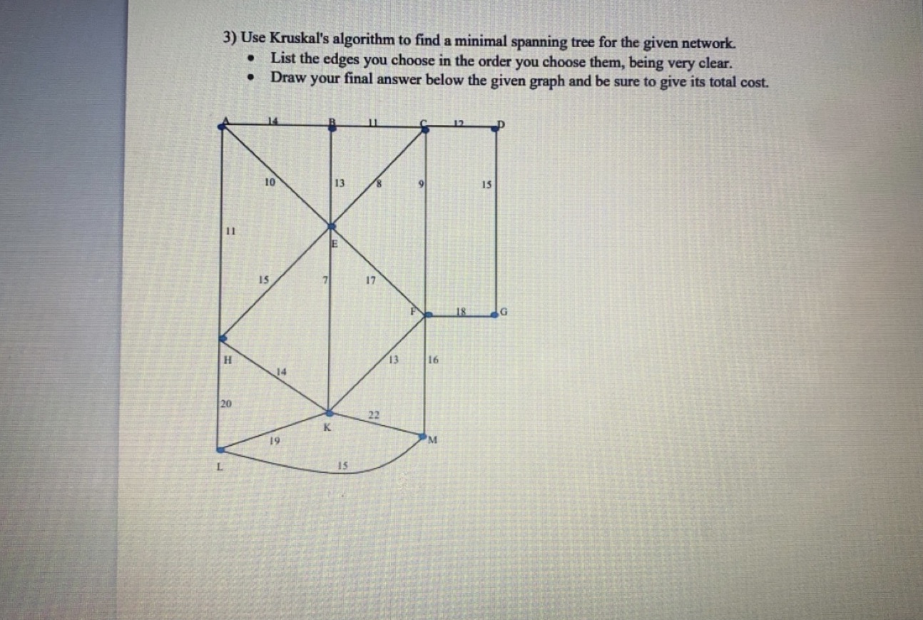 Math 139 3) Use Kruskal's algorithm to find a minimal spanning tree