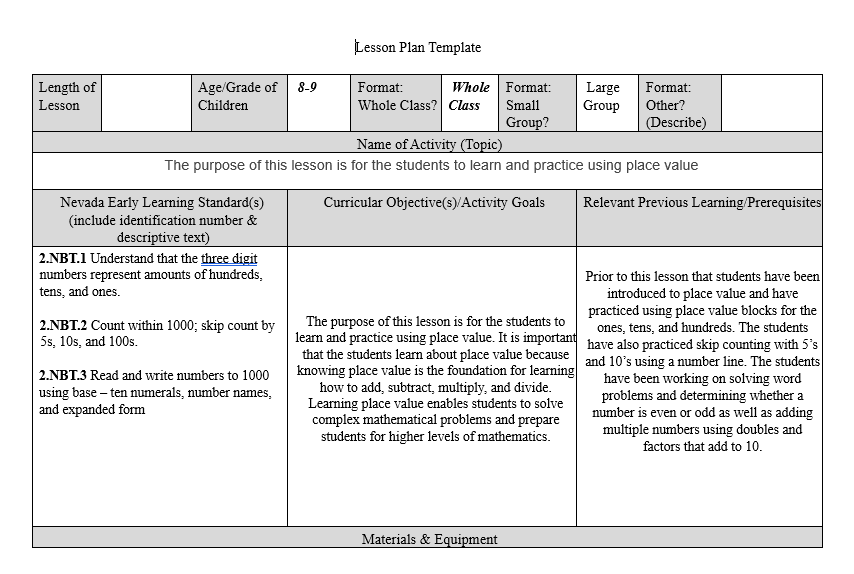Using the attached lesson plan, develop a rubric for the assessment of