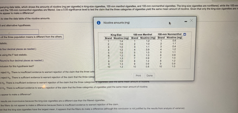 Please help 1 panying data table, which shows the amounts of nicotine