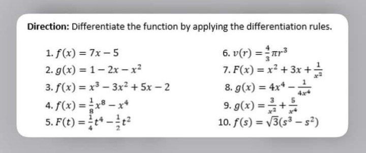  Direction: Differentiate the function by applying the differentiation rules. 1. f