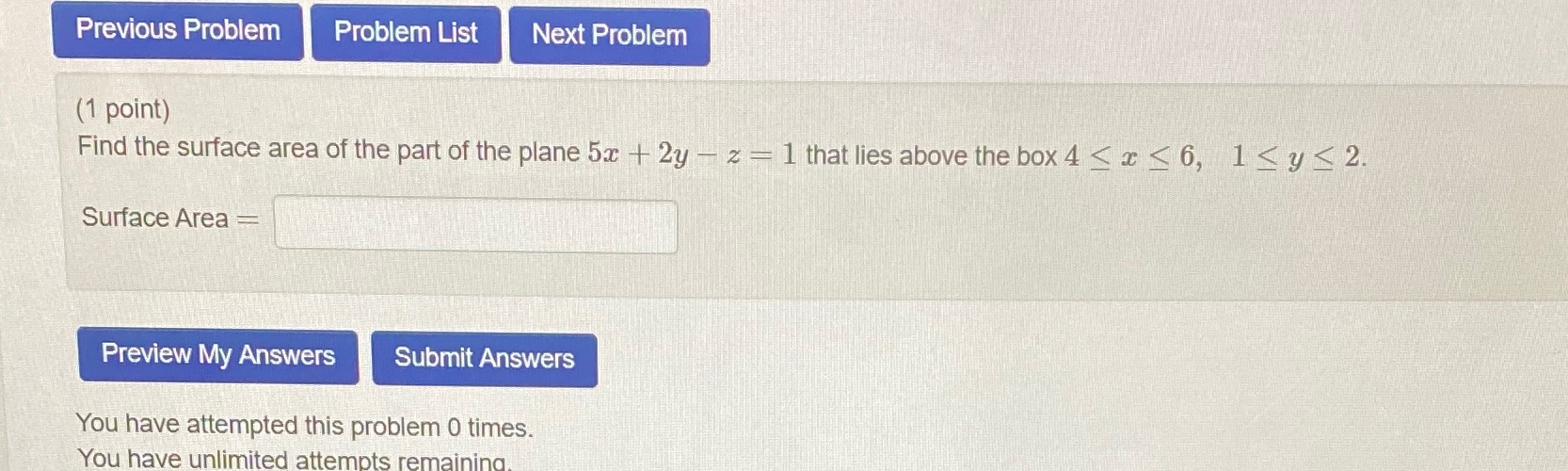 Previous Problem Problem List Next Problem (1 point) Find the surface
