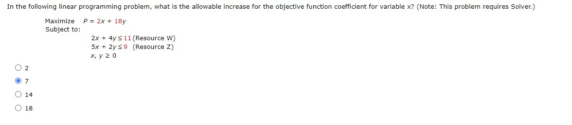 In the following linear programming problem, what is the allowable increase