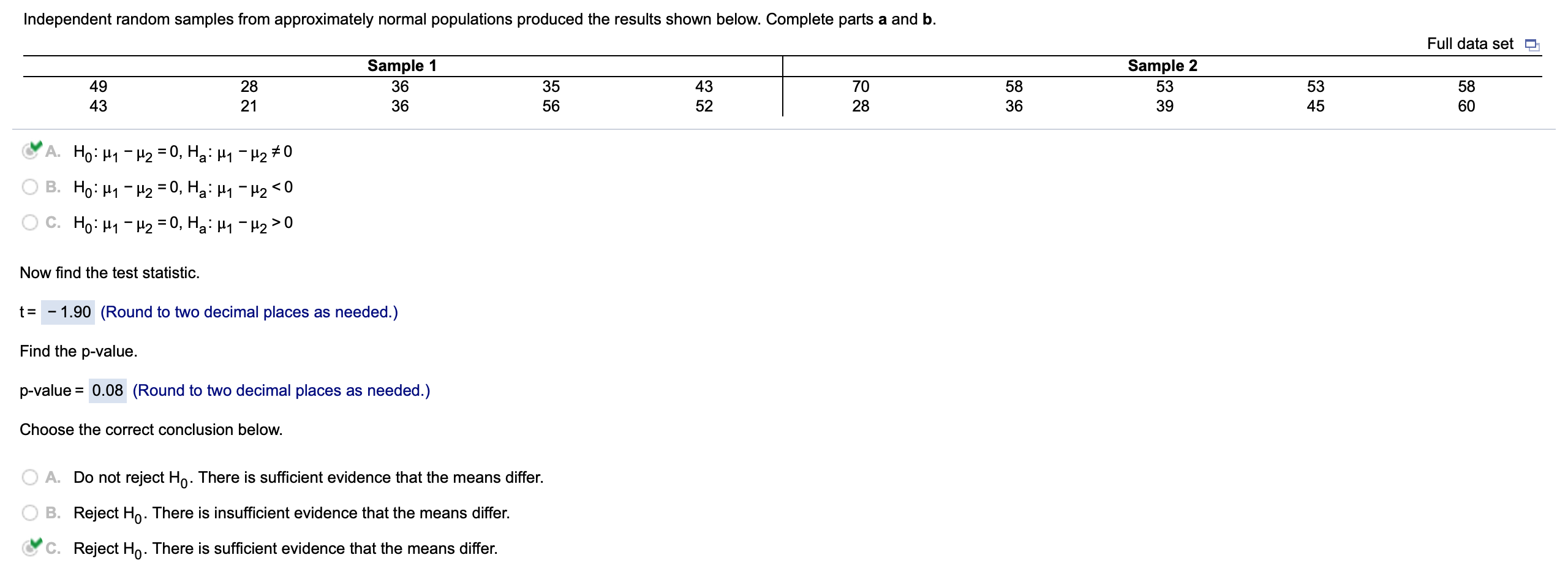 Construct a 90% confidence interval for (u1- u2) For some reason I