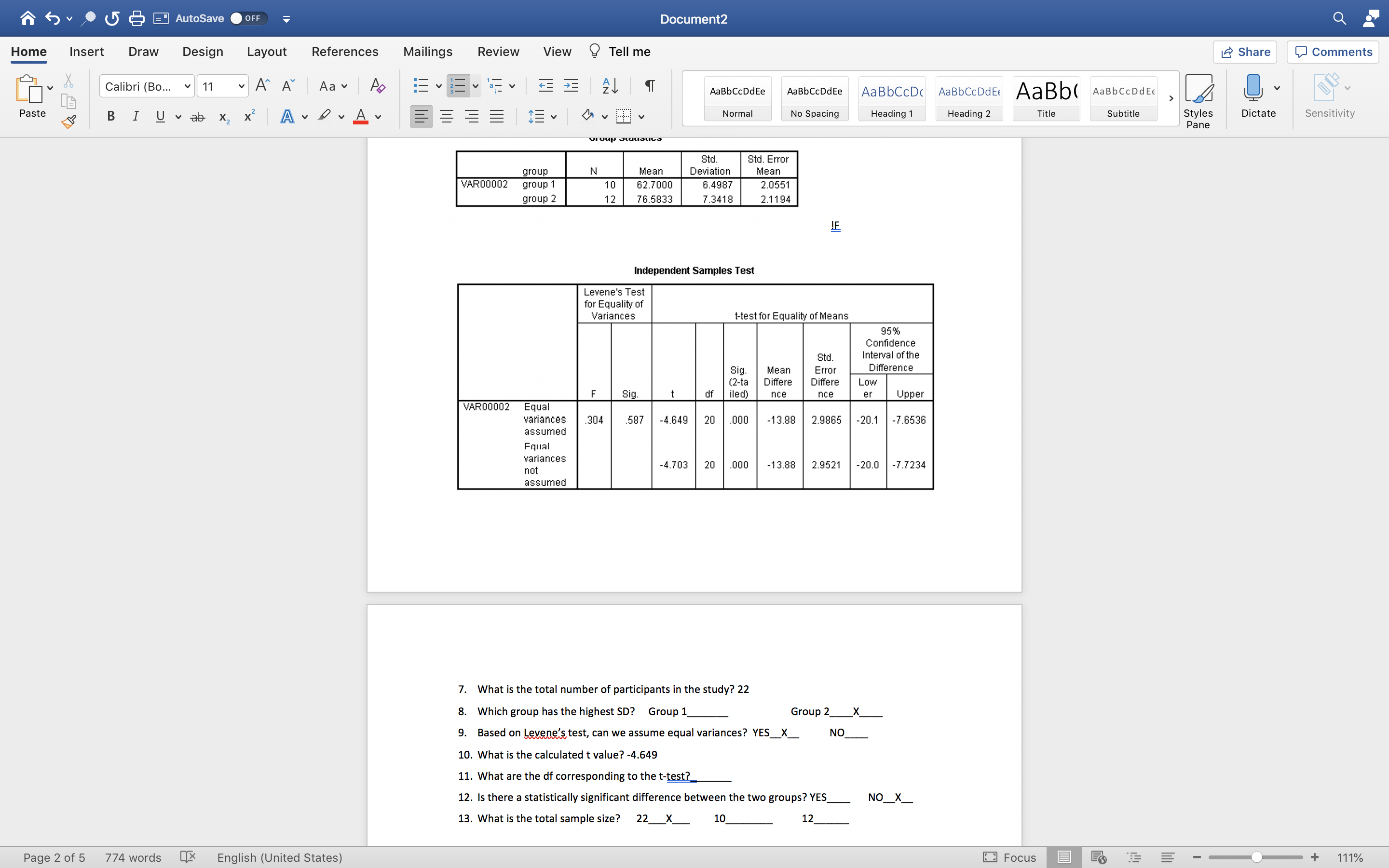  AutoSave OFF Document2 Home Insert Draw Design Layout References Mailings Review